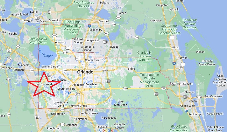 An image showing the map of Horizon West FL location in Orange County, which is the answer to the question 'what county is Horizon West FL in?'