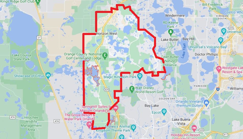 A map of Horizon West area in Southwest Orange County, Florida