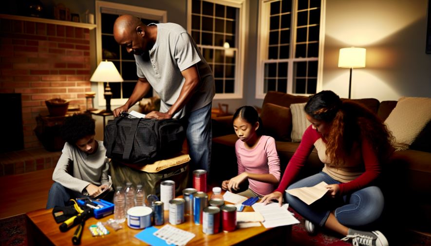 Photo of a family preparing a hurricane emergency kit