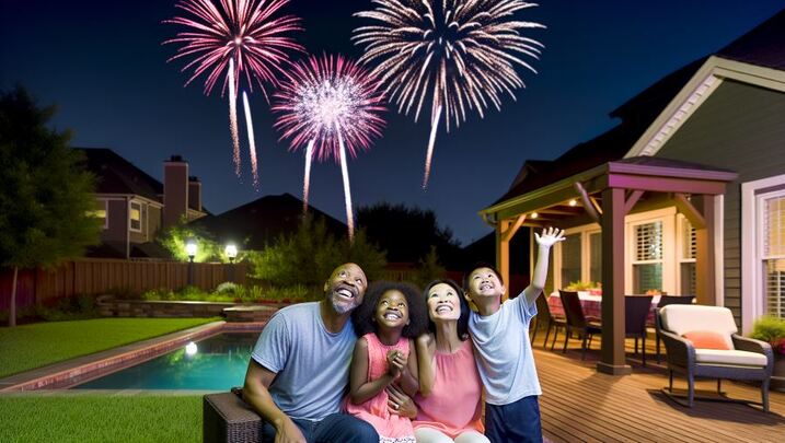 Family enjoying nightly fireworks in their backyard oasis in Wincey Groves Winter Garden FL
