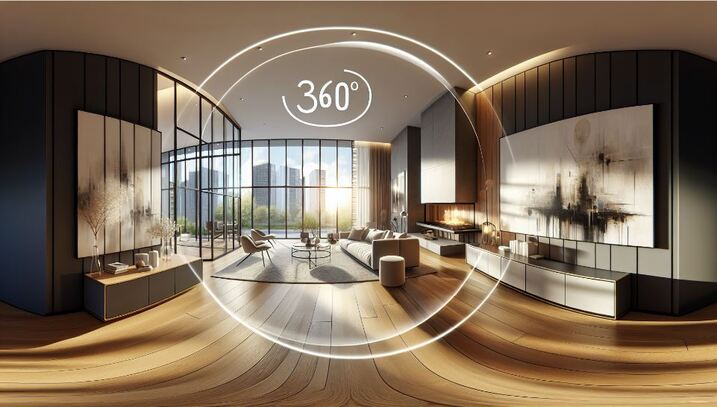 Virtual tour interface with a modern interior of a home displayed on the screen