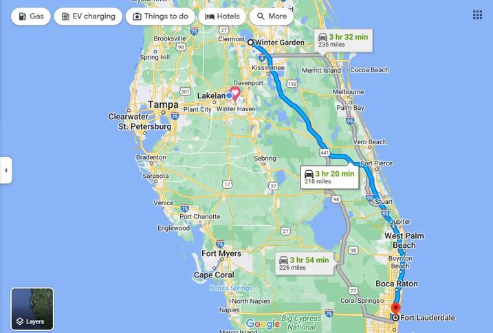Travel Time Can Vary From Winter Garden to Ft Lauderdale