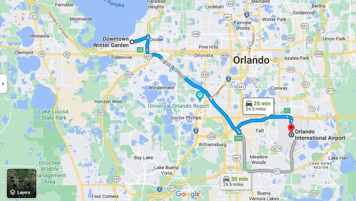 Winter Garden FL To The Nearest Widely Used Airport